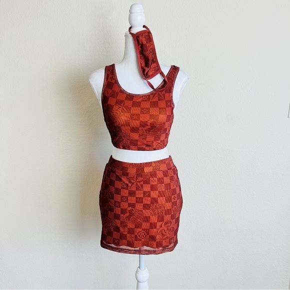 Dolls Kill Luxury Vibes Brown Mesh Checkered Crop Top, Mini Skirt & Mask Set - Picture 1 of 16